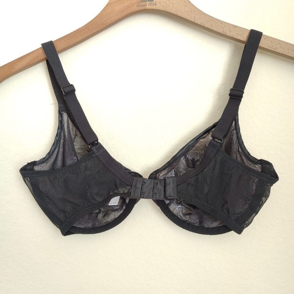 Wacoal 34DD Black Silver Floral Lace Embroidered Soft Cup Bra Underwire - Picture 3 of 3